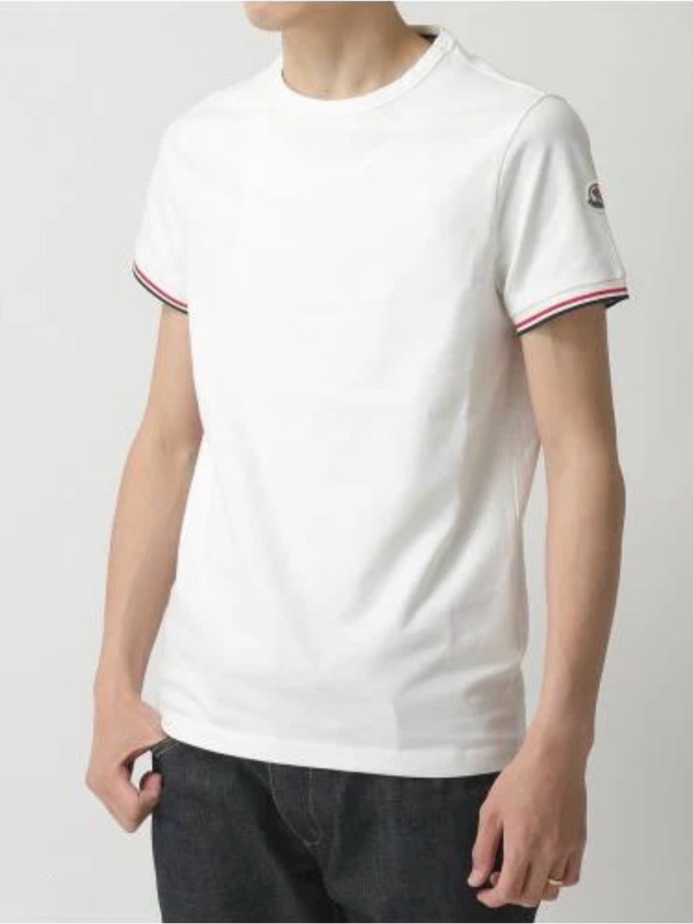 Moncler White Short Sleeve Crewneck Tee with Red & Navy Stripe Cuffs
